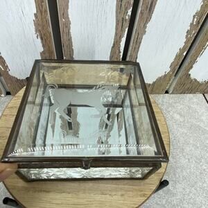 Vintage Trinket Jewelry Box Etched Mirrored Glass Brass Unicorn Frosted Design